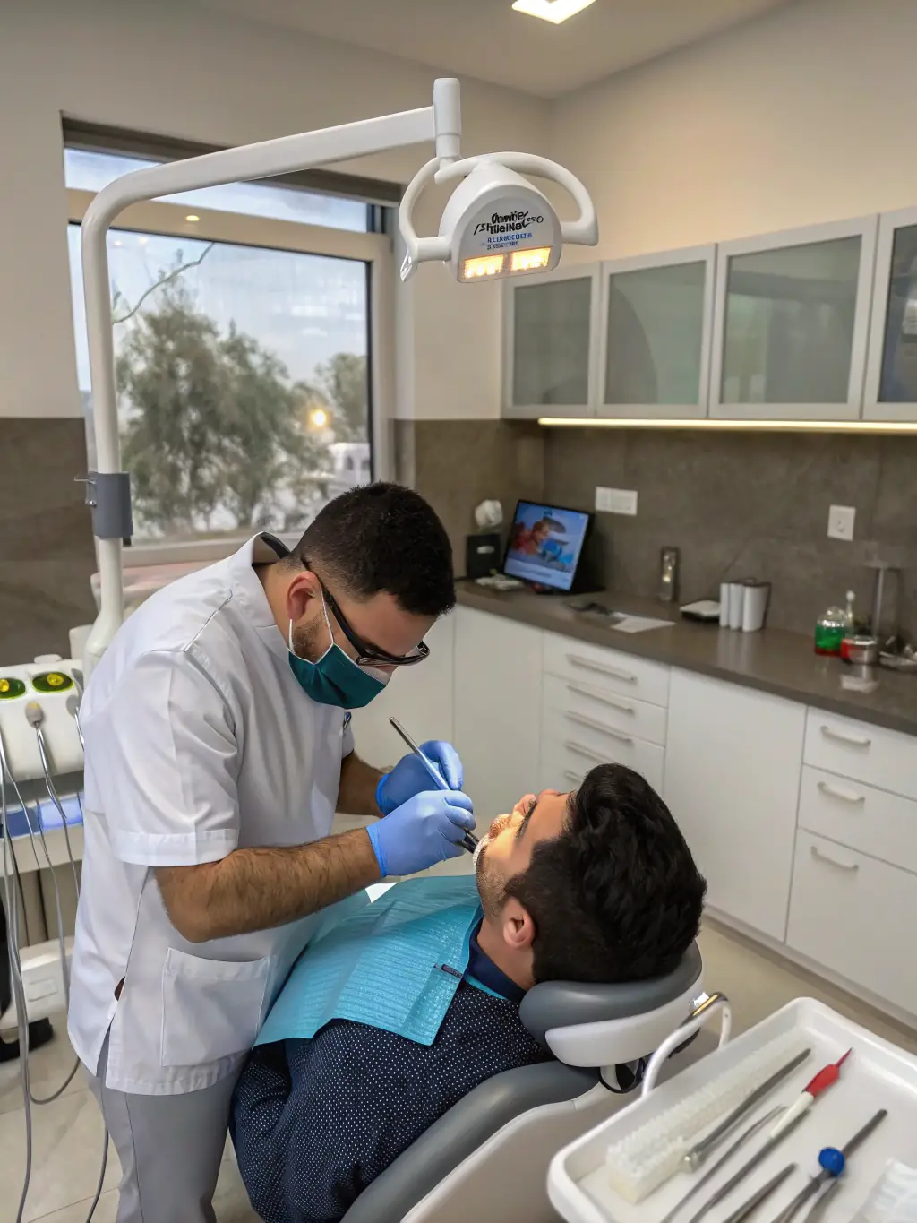 A dental professional carefully placing a cantilever dental bridge on a patient's tooth, highlighting the single abutment support and the bridge's extension.