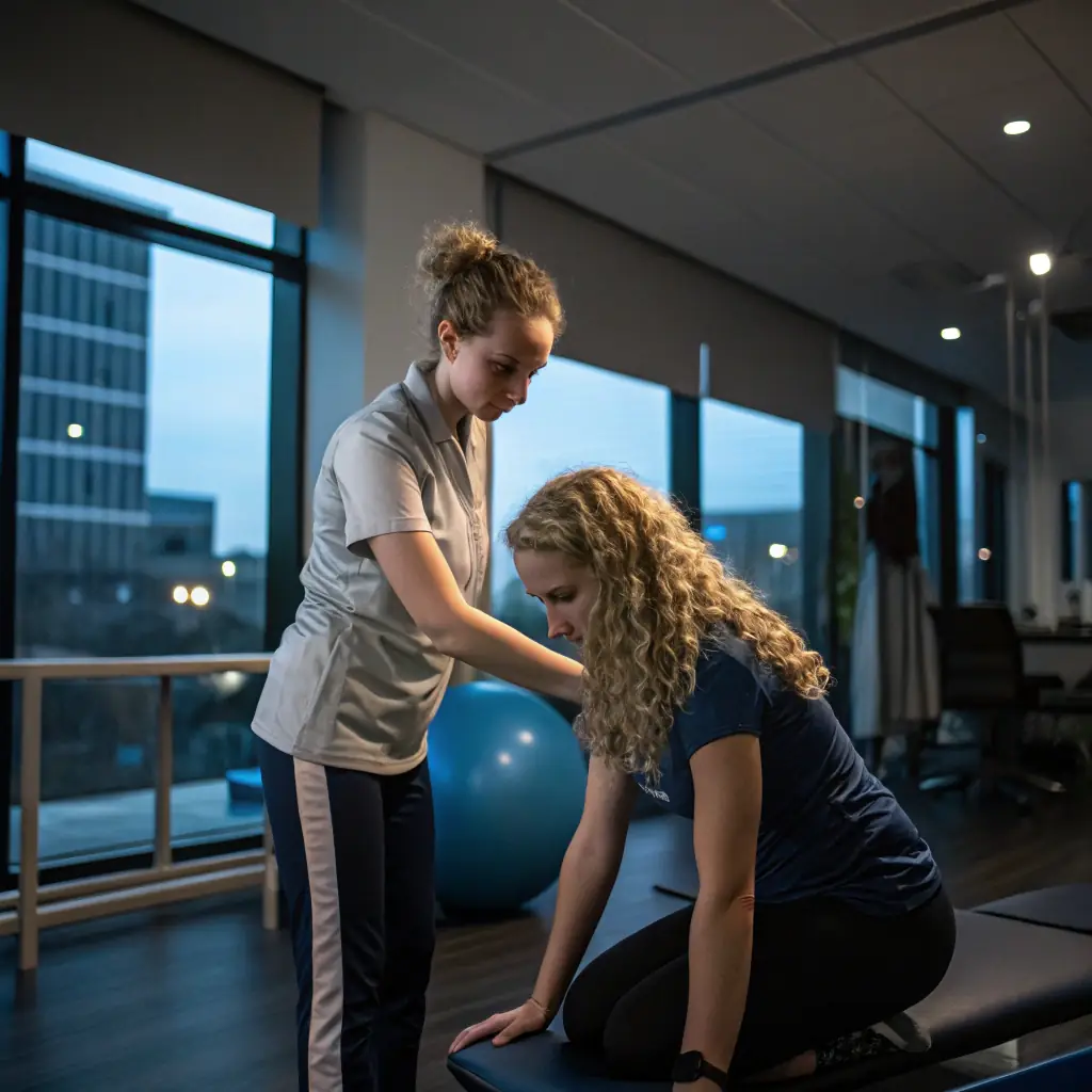 Image of a physical therapist working with a patient on functional movement exercises in a modern rehab clinic setting. The therapist is guiding the patient through a squat, emphasizing proper form and alignment. The clinic has state-of-the-art equipment and a clean, bright atmosphere.