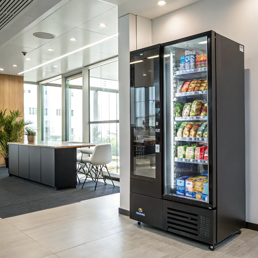 A modern vending machine stocked with a variety of snacks and drinks, placed in a brightly lit office break room. The image should convey convenience and freshness.