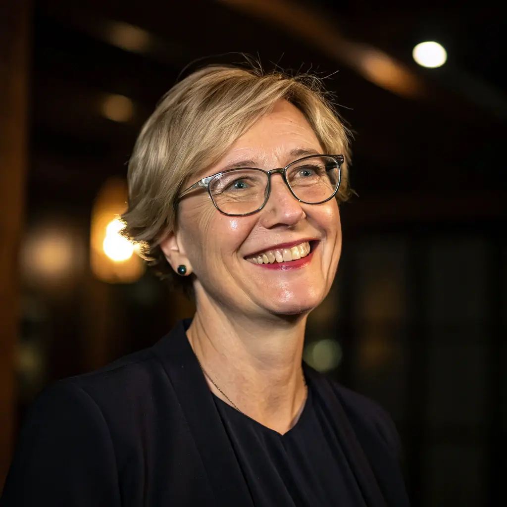 Alice has short blonde hair, wears glasses, and always has a friendly smile.