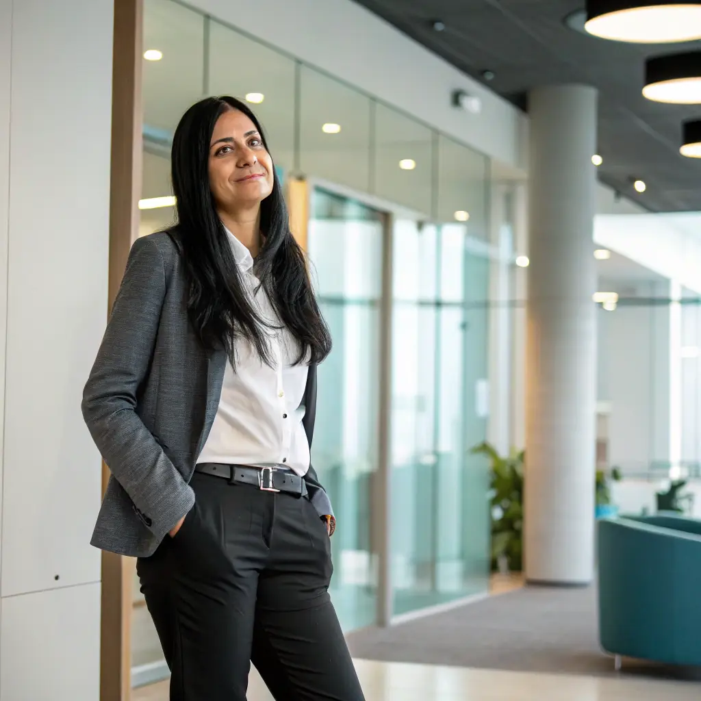 Diana is a confident woman with long, straight black hair and a sharp, focused gaze.