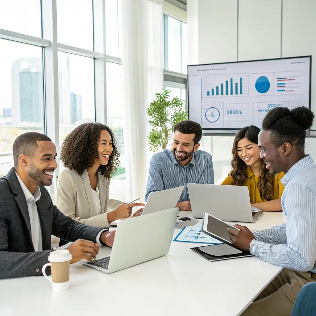 A diverse group of people collaborating around a digital interface displaying sustainable food products and market data, symbolizing partnership and growth within the EverGreen Sustainability ecosystem.