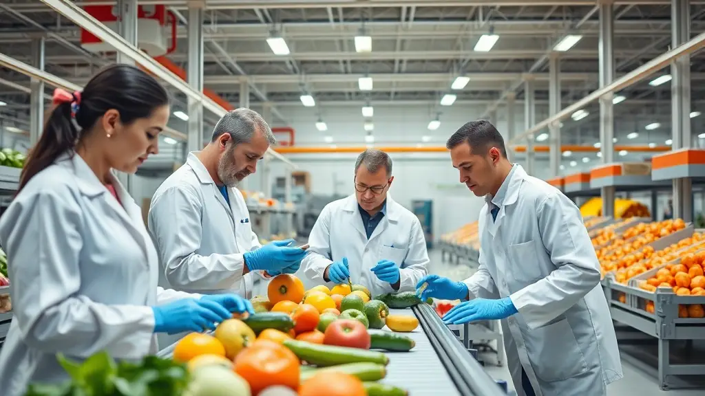 A professional team conducting a quality control inspection in a food production facility, showcasing adherence to safety standards and protocols, with ISO certification logos visible in the background.