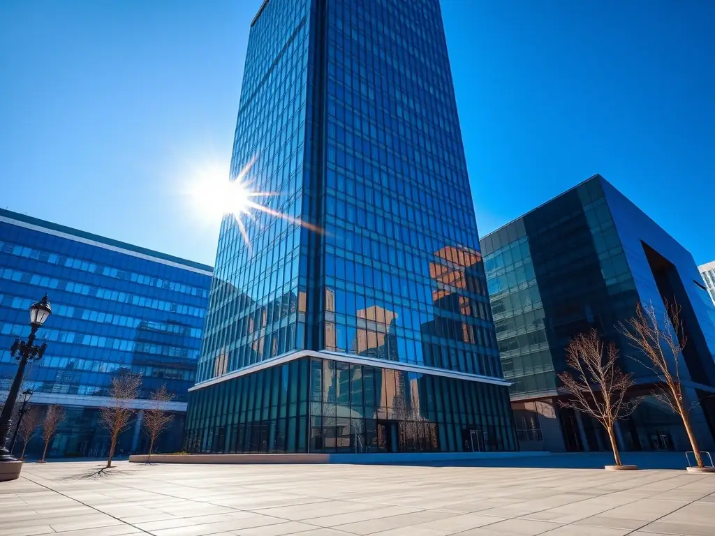 A modern office building with the Modelage Design logo on the front.
