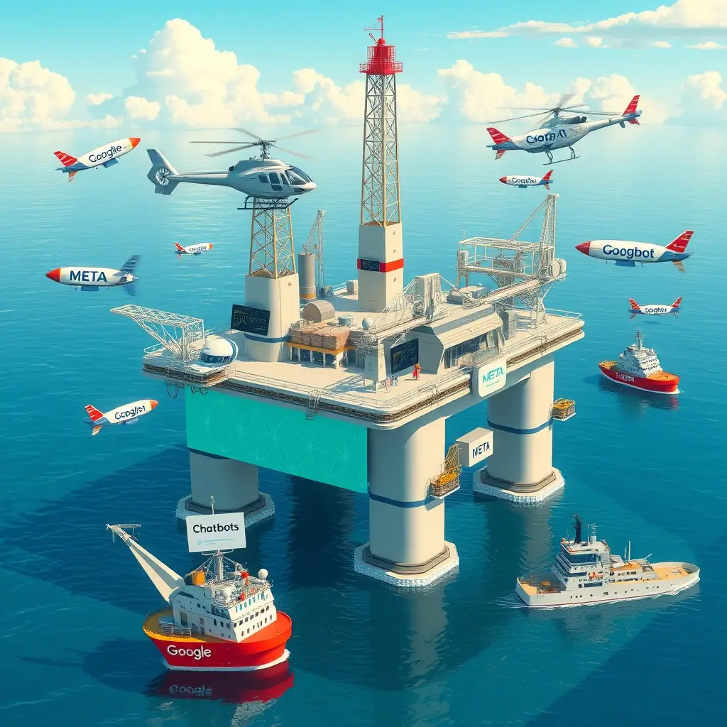 A futuristic offshore platform in the Gulf of Mexico, resembling the Texas Tower, equipped with advanced radar and digital marketing technology. The scene includes elements like Google helicopters, META blimps, offshore oil drilling platforms, an X-wing fighter, ships with Google banners, and signs for chatbots and Facebook, symbolizing the integration of AI and digital strategies in a modern business environment.