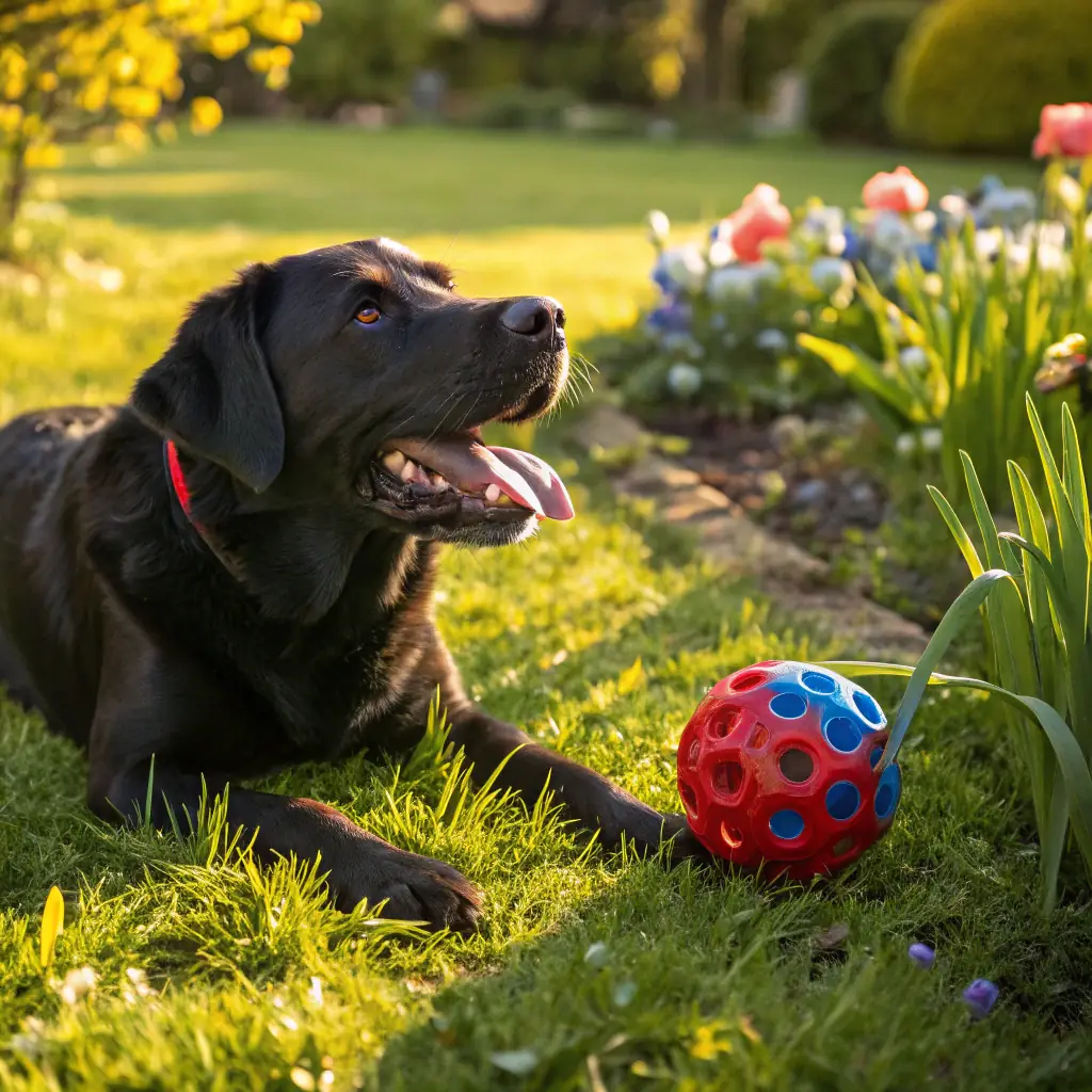A happy and healthy dog is playing with a non-toxic toy in a clean, sunlit living room. The image conveys a sense of safety, joy, and well-being, emphasizing the benefits of a toxin-free environment for pets.