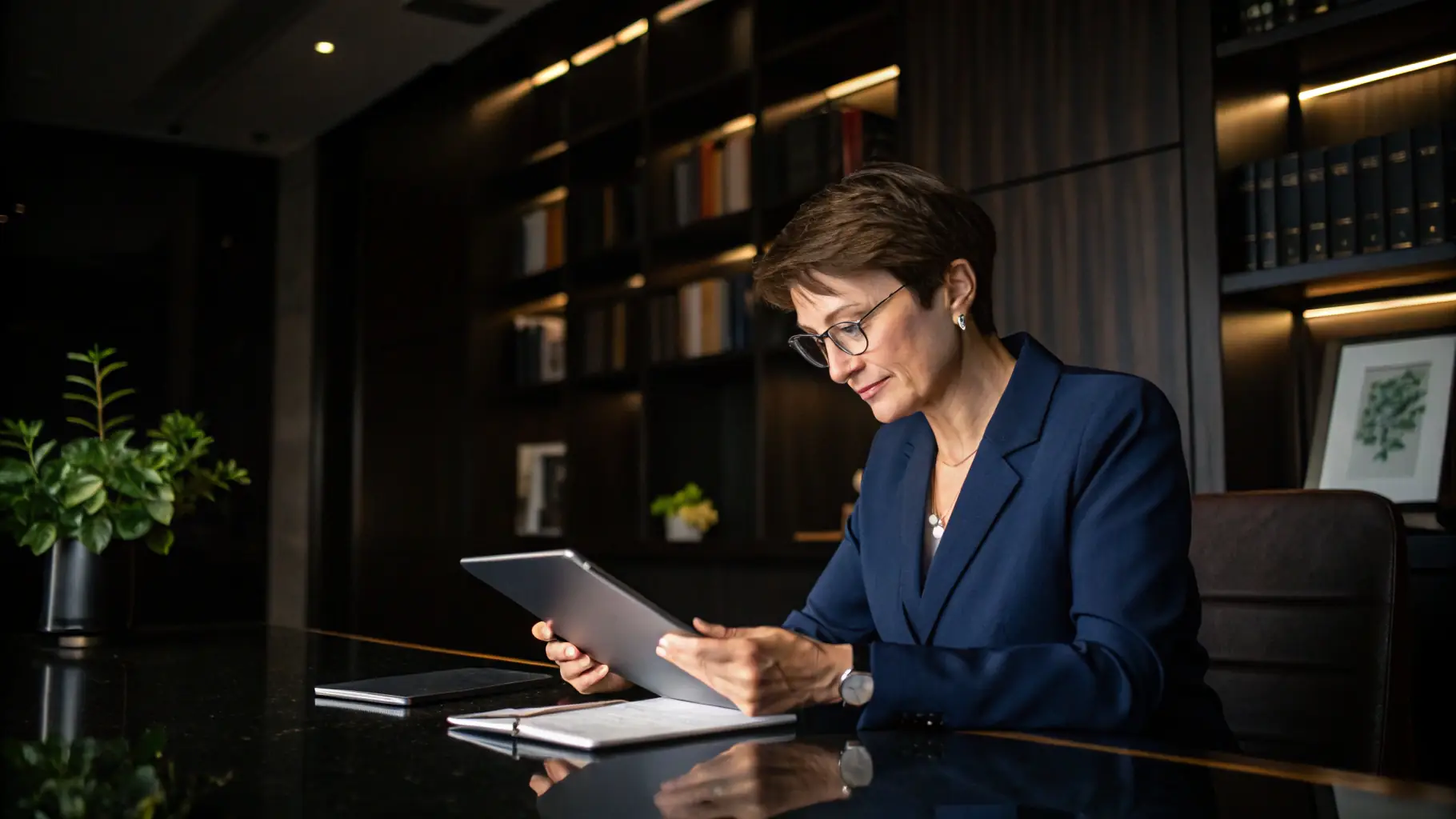 A professional AI-generated avatar presenting a testimonial in a modern office setting.