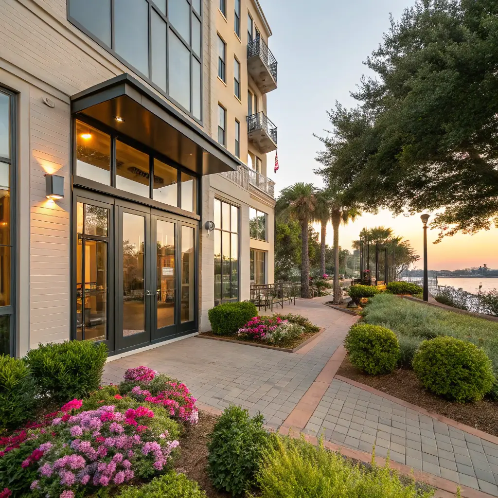 Exterior shot of a modern multifamily property in Atlanta, GA, showcasing well-maintained landscaping and inviting architecture, suitable for attracting potential investors.