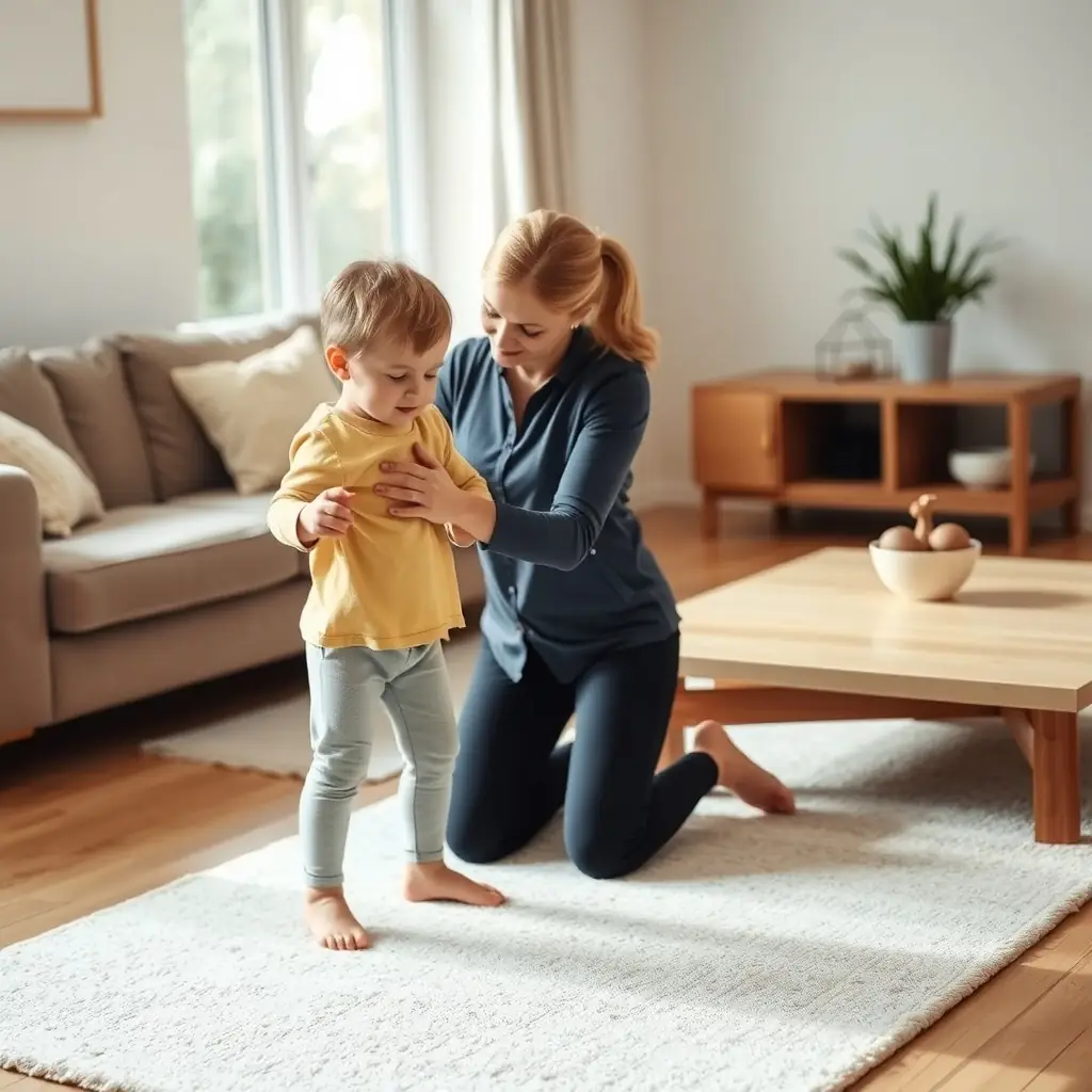 A physical therapist working with a child in their living room, demonstrating a balance exercise.