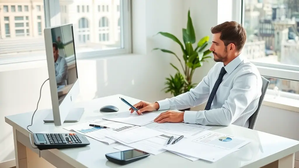 A professional accountant reviewing financial documents in an office setting, emphasizing trust and expertise, high-resolution, realistic style