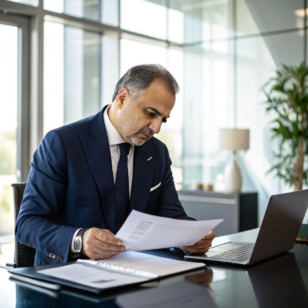 A concerned B2B tech CEO reviewing a quarterly plan, highlighting potential pitfalls and areas for improvement in their strategy.