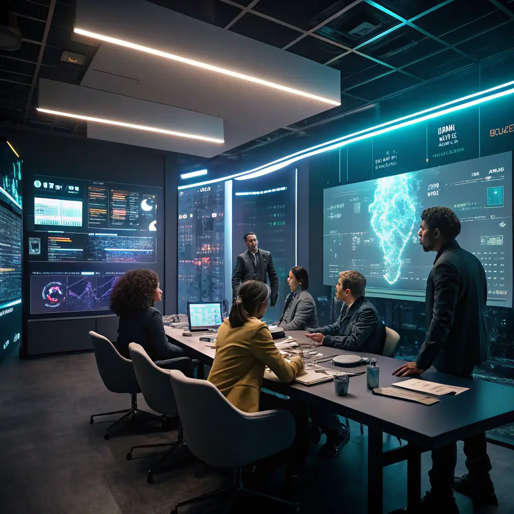 A modern office scene with AI robots and web development gurus collaborating around large screens displaying lines of code and marketing analytics dashboards. The OmegaCube logo is subtly displayed in the background. Hands are using AI Gemini Studio SEO Vertex AI Agents.