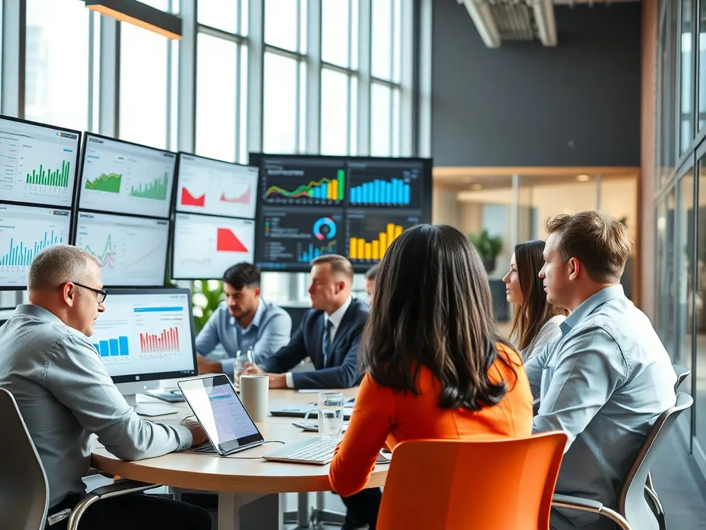 A professional workspace featuring a team collaborating on a digital marketing strategy, with charts and data displayed on multiple screens, reflecting Omegacube's data-driven approach.