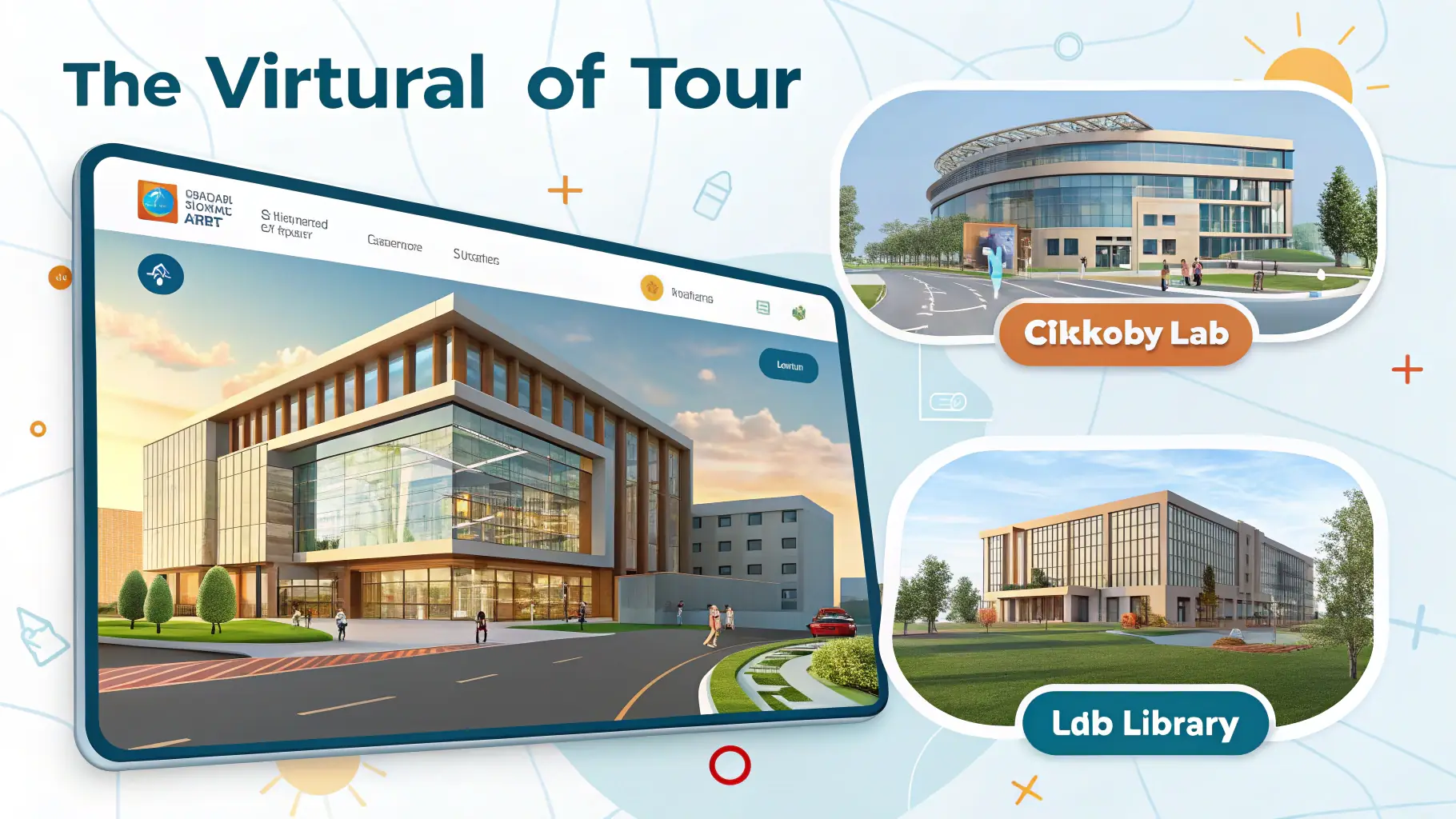 A student avatar navigating a virtual campus environment with training zones, workshops, and laboratories.