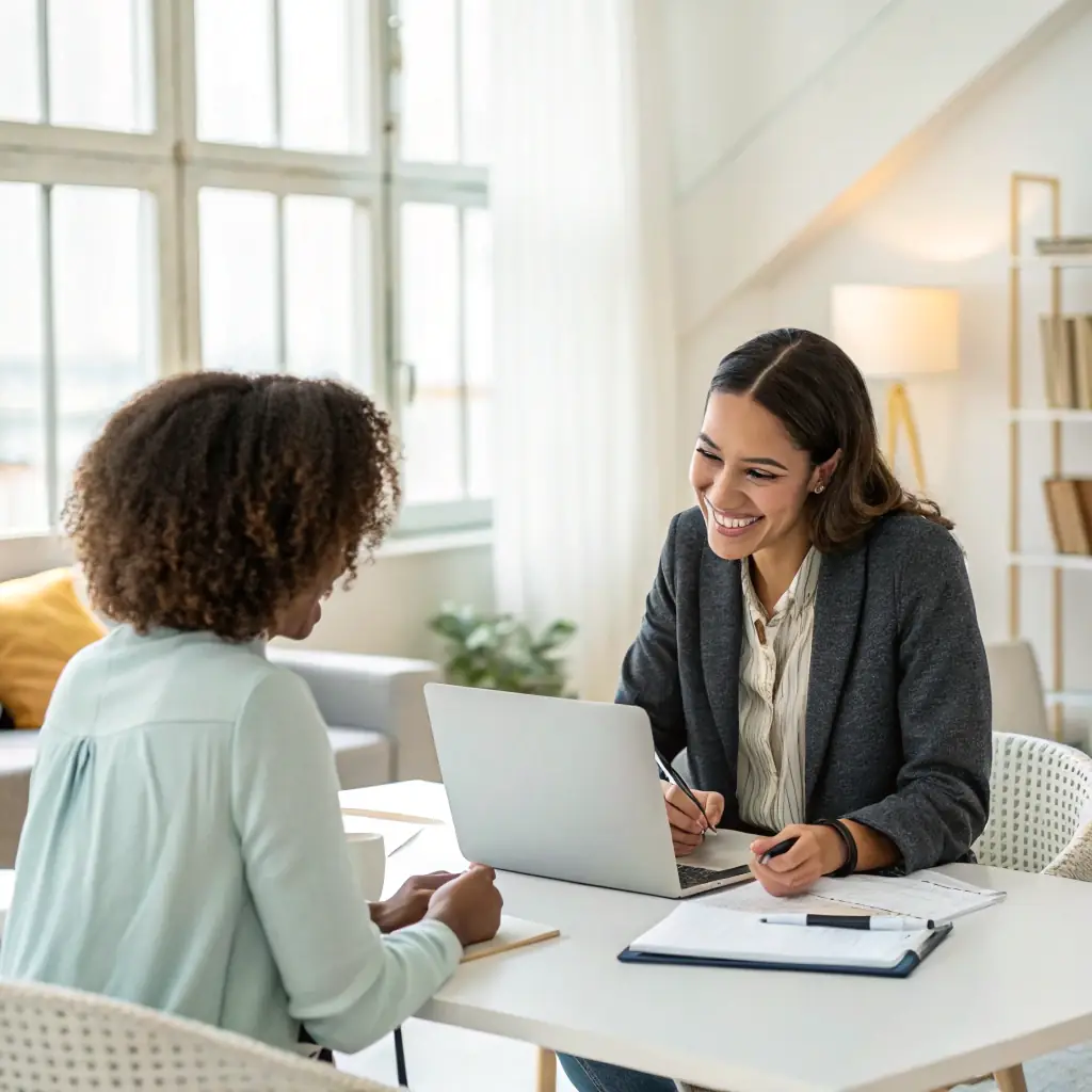 A professional remote interpreter support session with a laptop or video call, diverse adults, a clean modern workspace, soft natural lighting, and a calm confidential atmosphere.