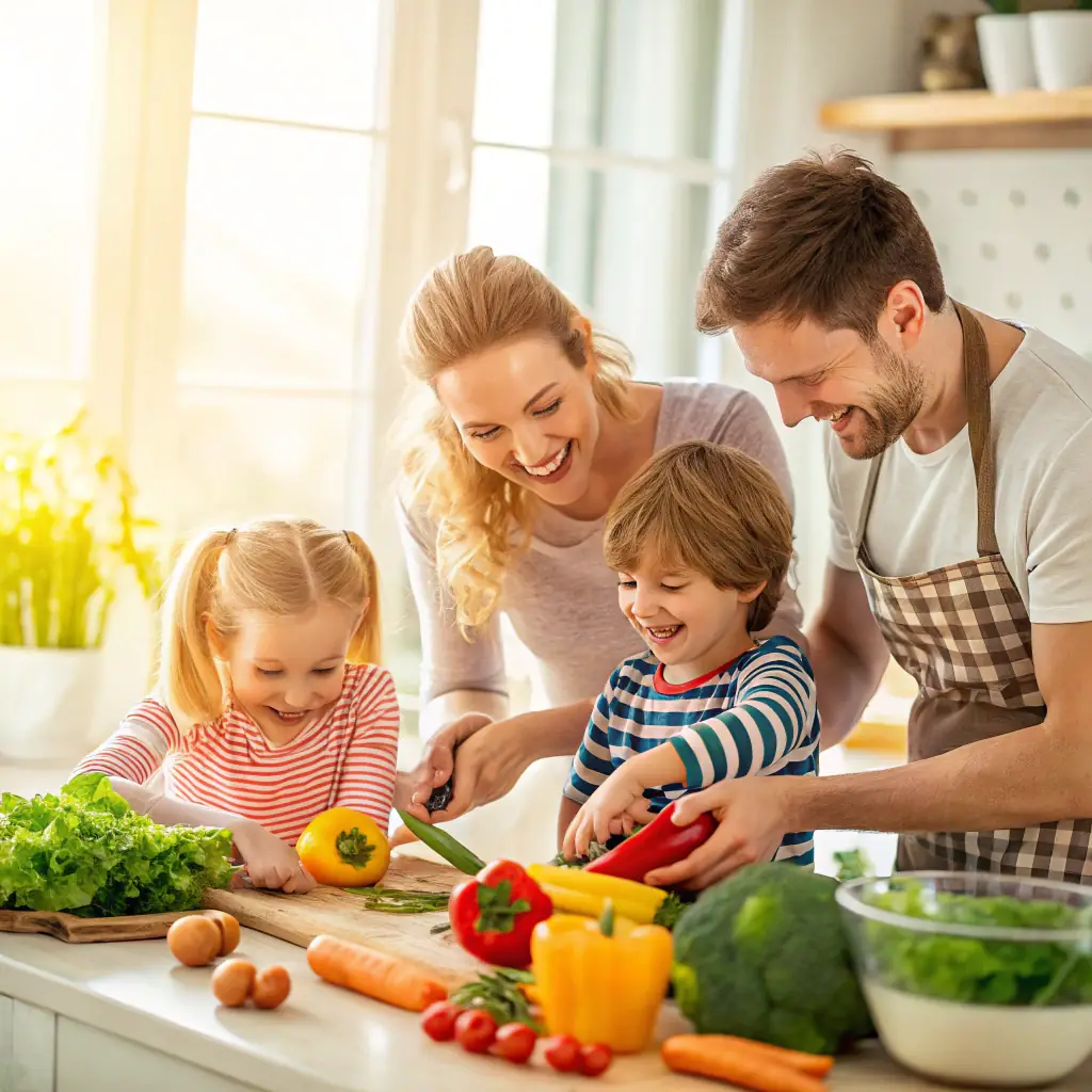 A happy family preparing a healthy meal together in a bright, modern kitchen. The focus is on the interaction and the fresh ingredients being used.