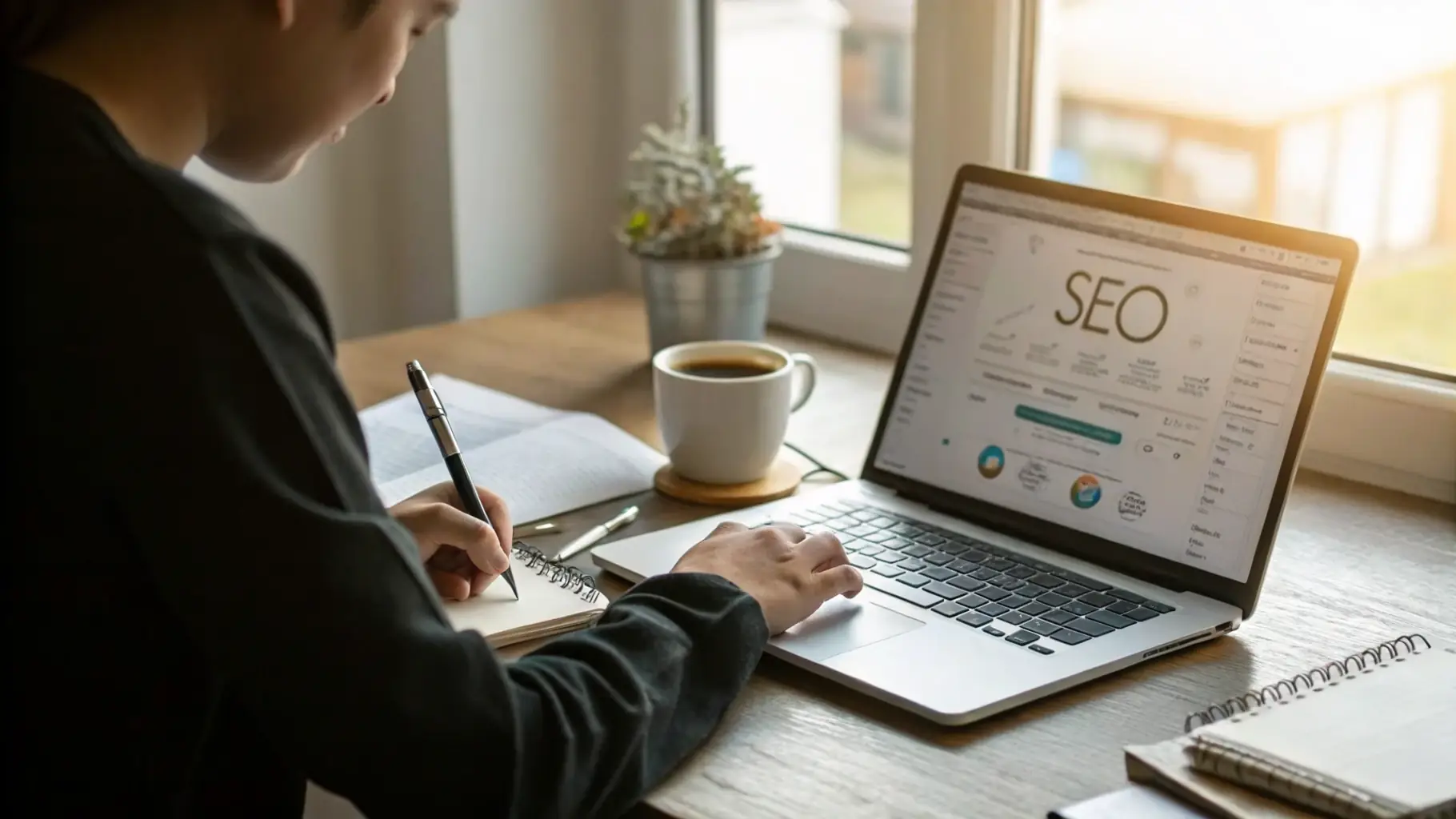 A person is writing content on a laptop with SEO keywords highlighted on the screen, symbolizing SEO-focused content writing.