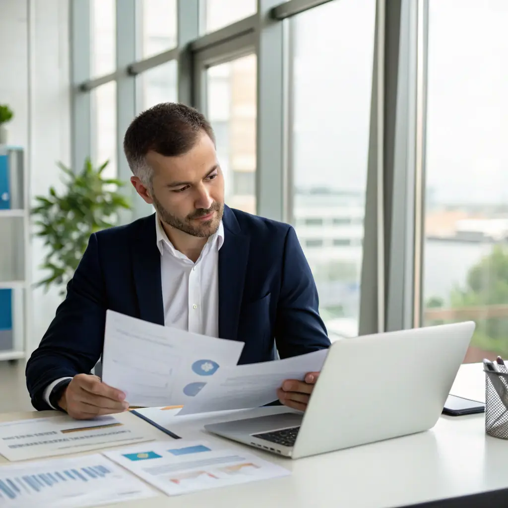 A sophisticated, well-dressed individual reviewing property documents in a sunlit, modern office, conveying trust and expertise in real estate investment.