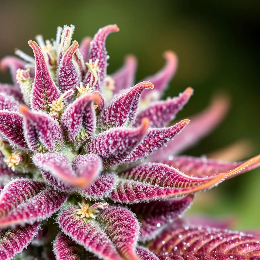 A close-up shot of Marrion Berries cannabis flower, showcasing its vibrant colors and trichome coverage.