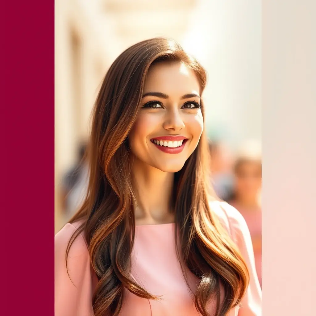 A woman with straight brown hair, wearing a pink dress.