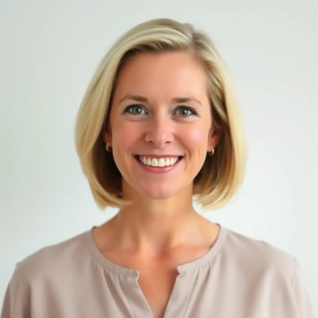 A woman with long blonde hair, wearing a white blouse and a black skirt.
