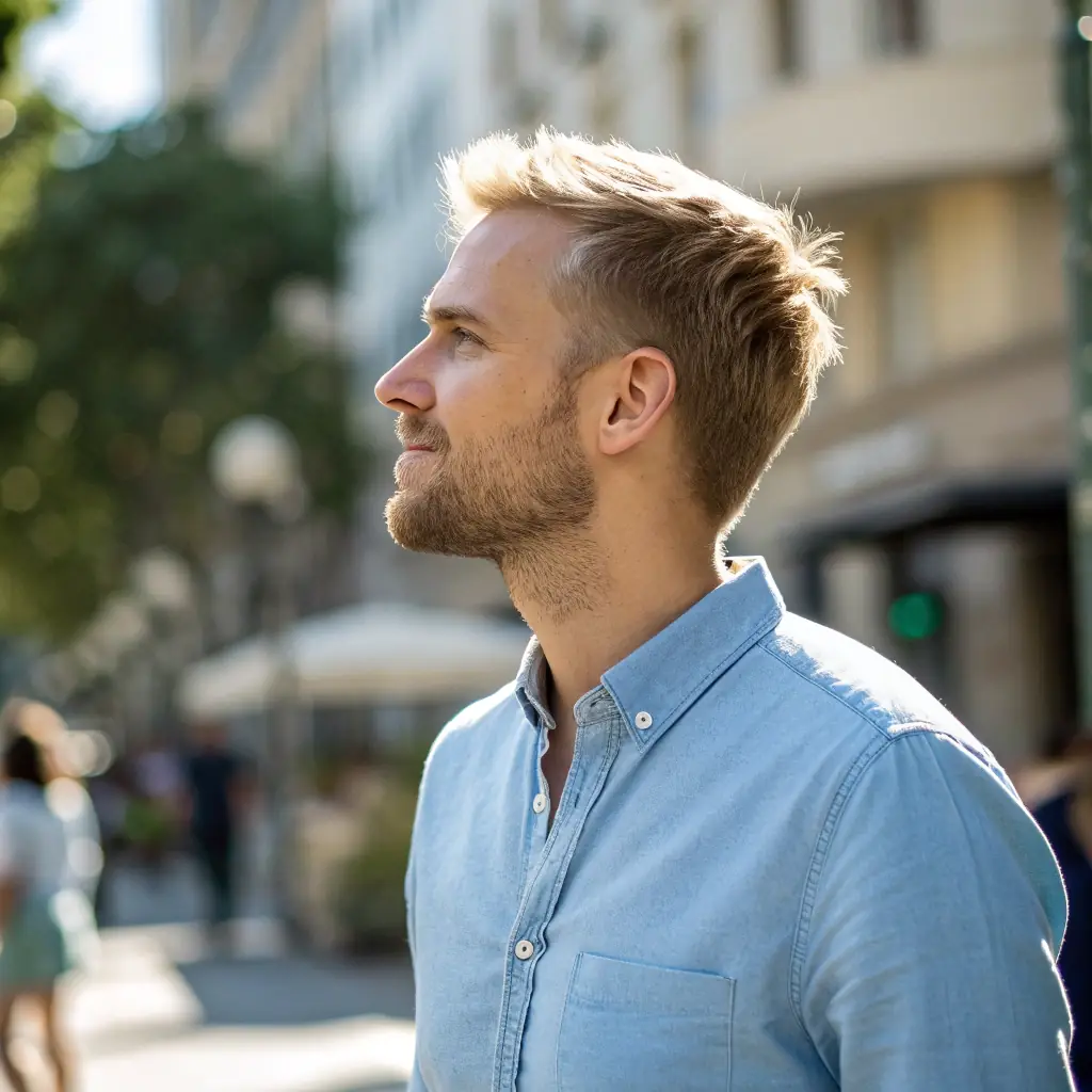 A man with short blonde hair, wearing a red t-shirt and jeans.