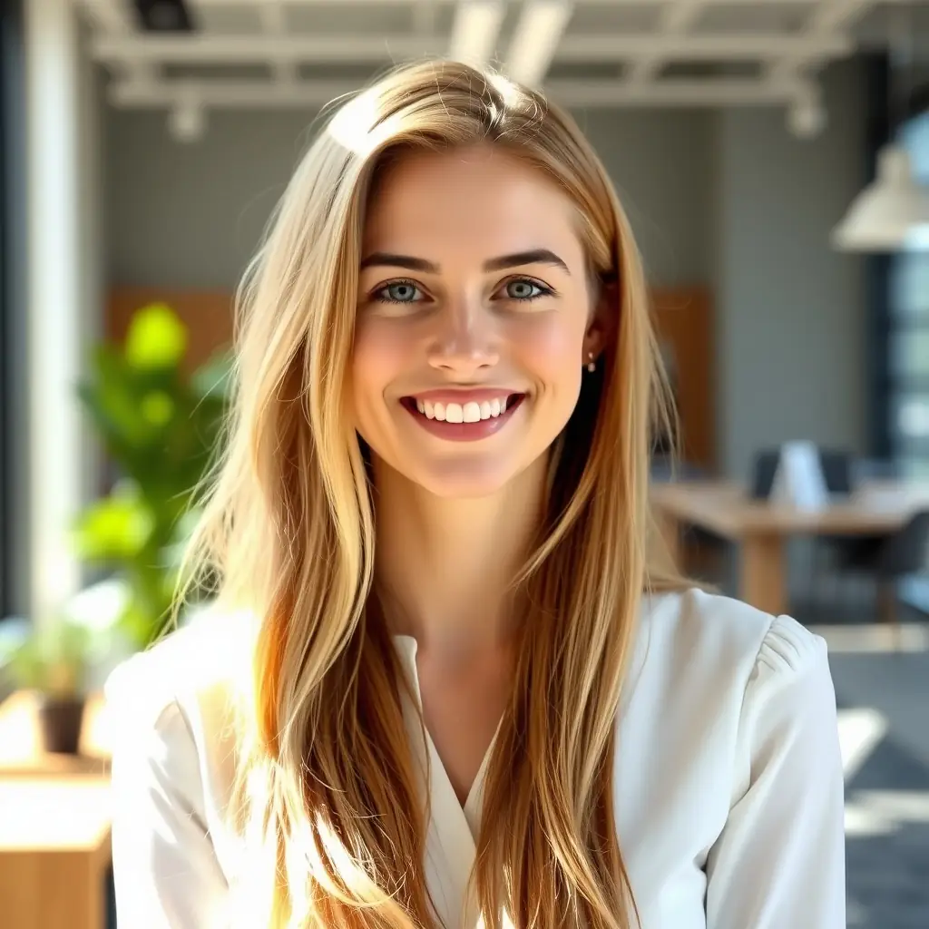 A woman with long blonde hair, wearing a white blouse and a black skirt.