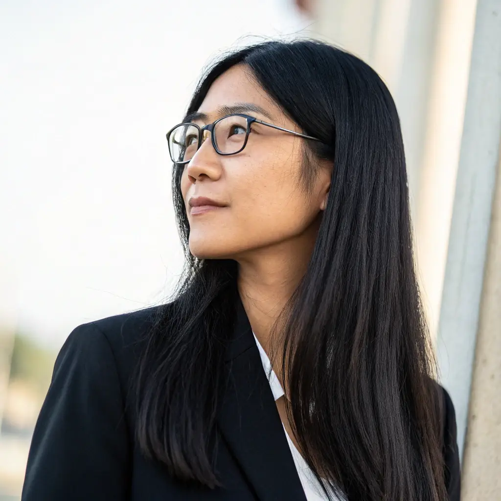A woman with long black hair, wearing a purple blouse and black pants.
