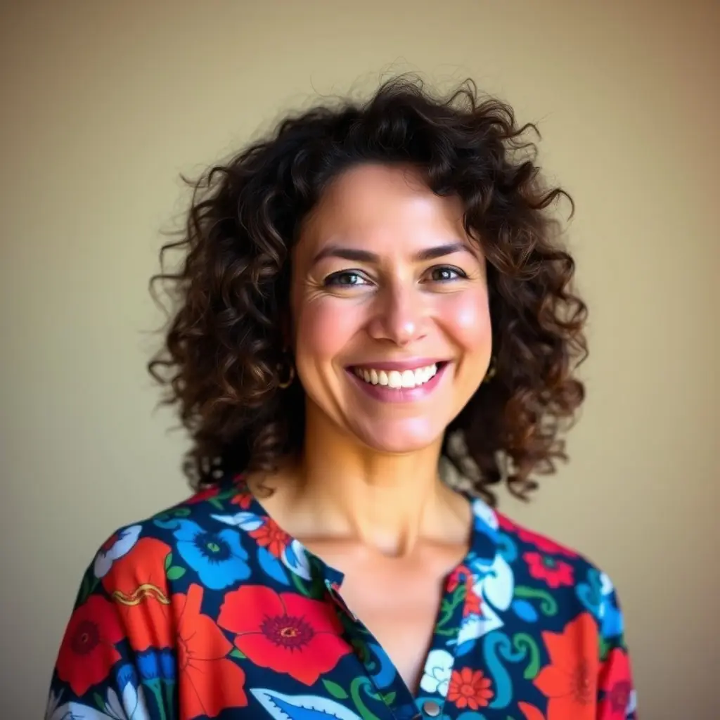 A woman with curly red hair, wearing a green sweater and brown pants.