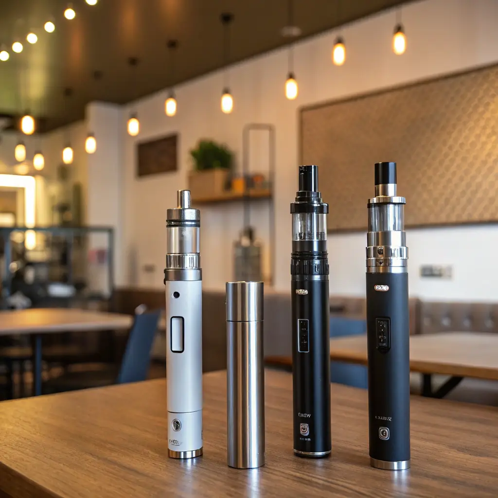 A group of friendly and knowledgeable ThickerCloudz vape shop staff members assisting a customer with selecting a new vape device. The background shows a well-stocked vape shop with various e-liquids and vaping accessories.