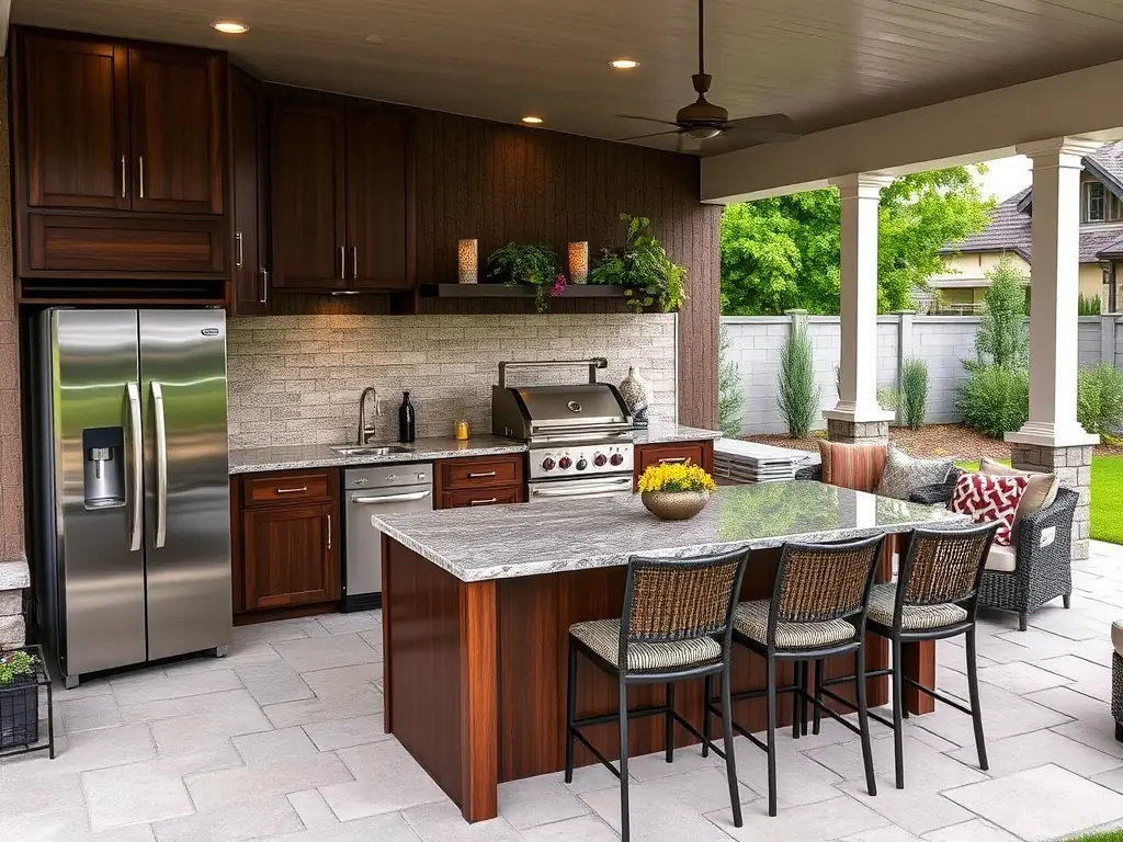 A photograph of a beautifully remodeled outdoor kitchen, featuring modern appliances, custom cabinetry, and a spacious layout. The kitchen is designed for both cooking and entertaining, with ample seating and a built-in bar area.