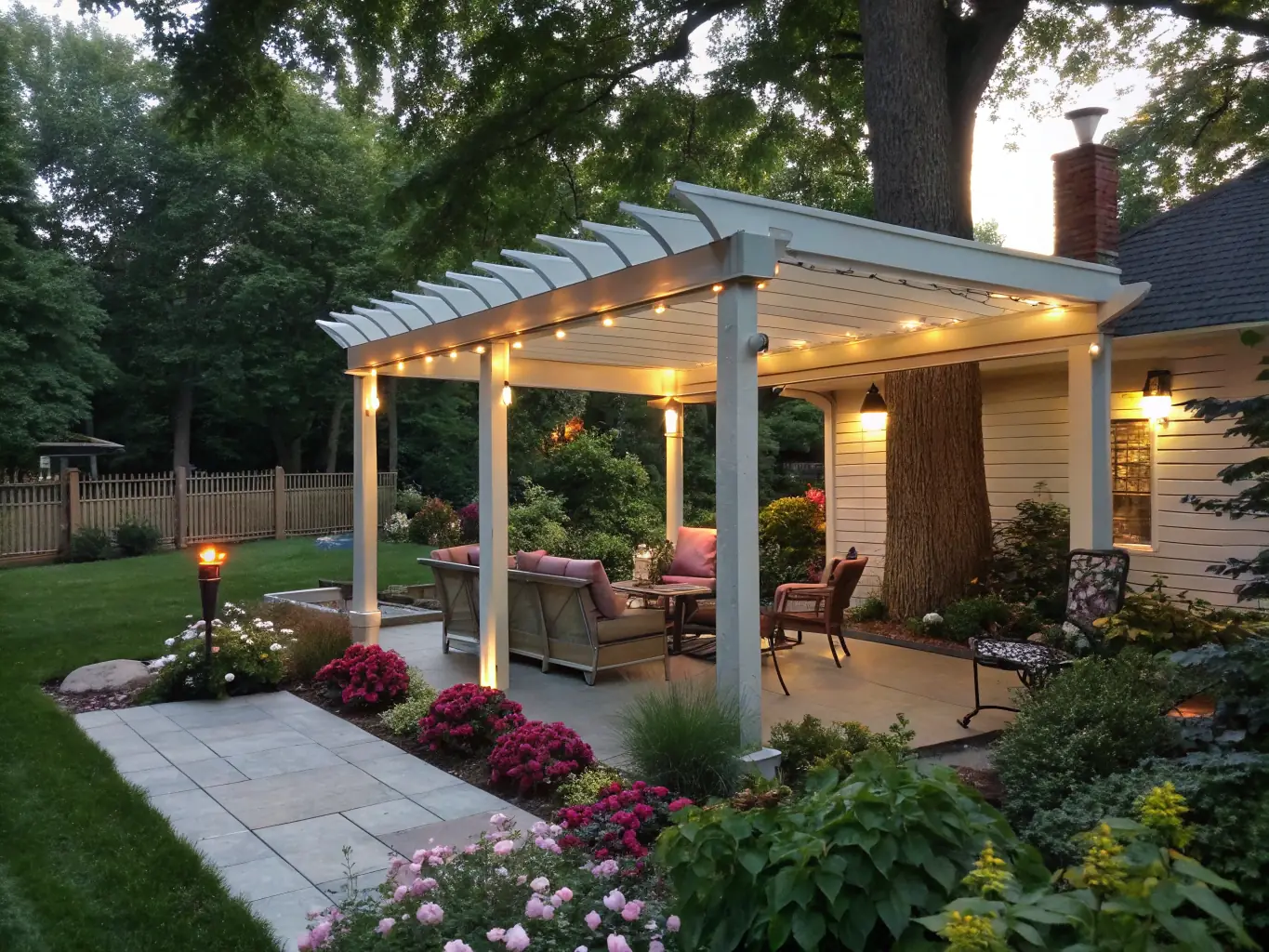 A photograph of a custom-built aluminum pergola, providing shade and style to an outdoor living area. The pergola is adorned with climbing plants and features comfortable seating underneath, creating a relaxing and inviting space.