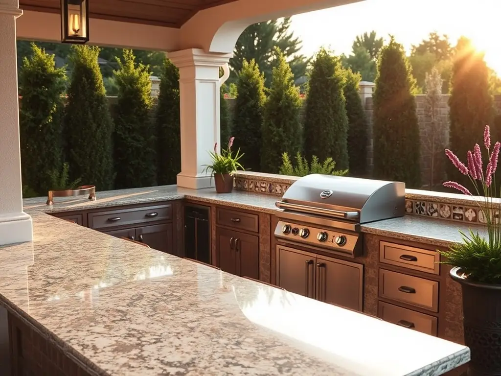 A high-definition photograph showcasing a newly installed grill hood in an outdoor kitchen setting. The grill hood is stainless steel, and the surrounding kitchen features custom aluminum framing with granite countertops. The image should convey a sense of luxury and functionality.