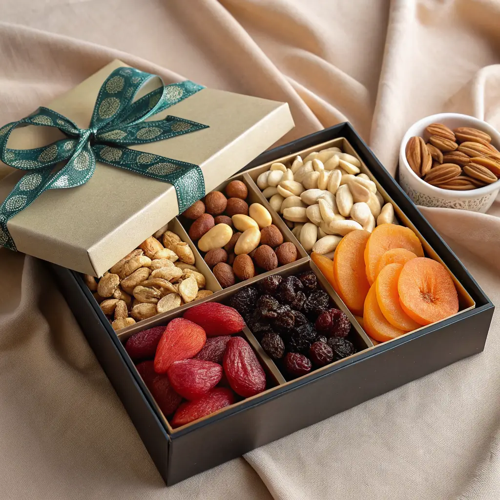 A beautifully curated gift box with Malaysian souvenirs, including local snacks, handicrafts, and a small booklet telling the stories behind each item.