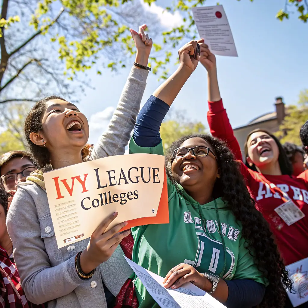 A diverse group of international students celebrating their acceptance letters on a US university campus, with iconic American architecture in the background.