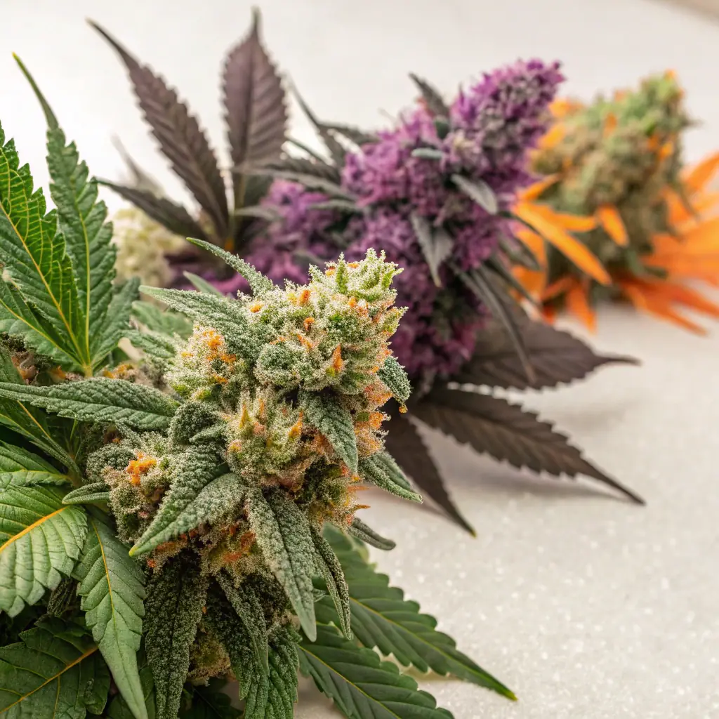 A close-up shot of Apples & Bananas x Jokerz Flower, showcasing its vibrant colors and trichome coverage, set in a well-lit studio to emphasize its premium quality.