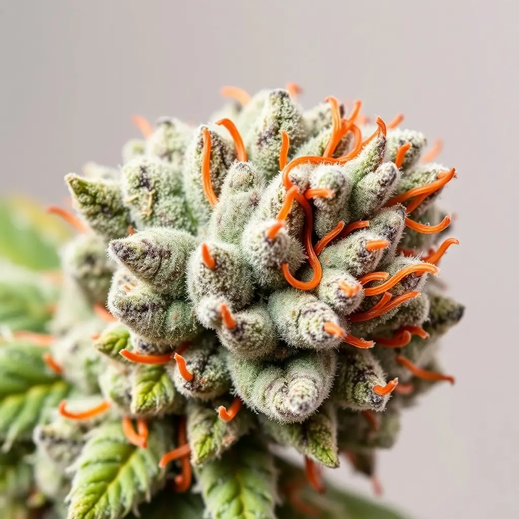 Close-up shot of King Kong Flower DC buds, showcasing their dense, frosty appearance and vibrant colors, placed in a dispensary setting.