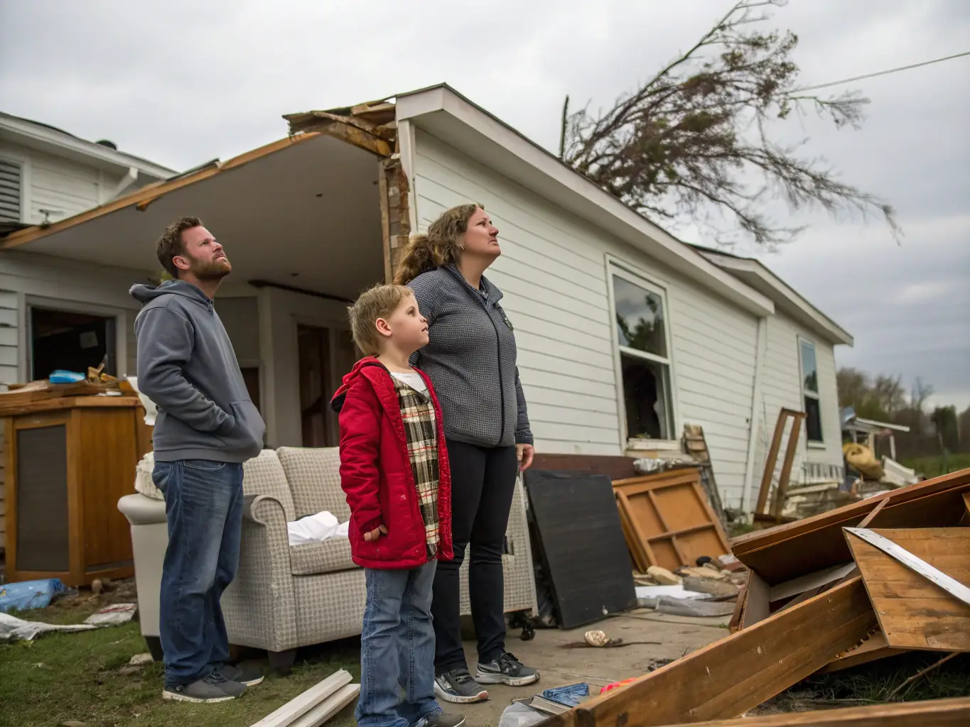 A worried family standing outside their home with eviction notice in hand, looking distressed and seeking help.