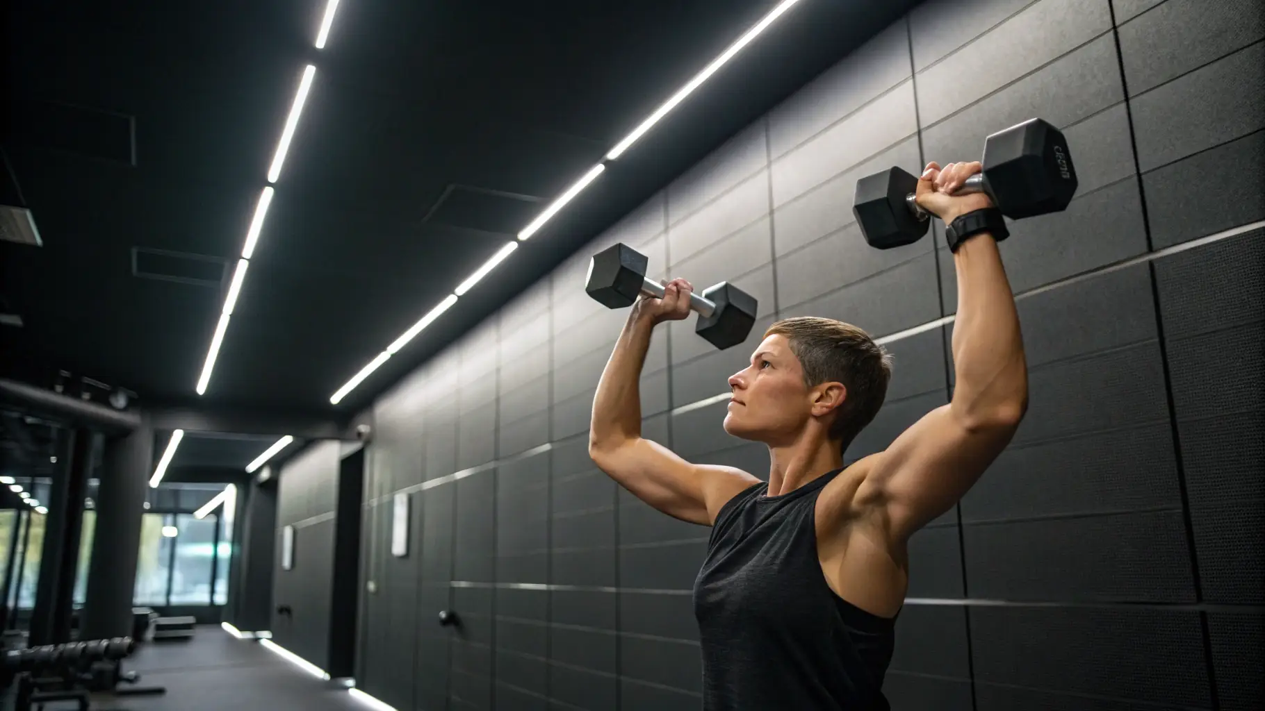 A muscular man training at home with dumbbells, determined expression, fitness equipment in the background.