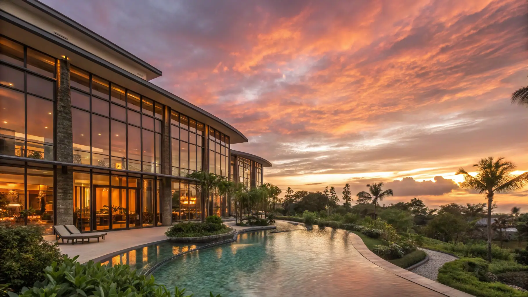 A modern hotel exterior with a swimming pool and palm trees.