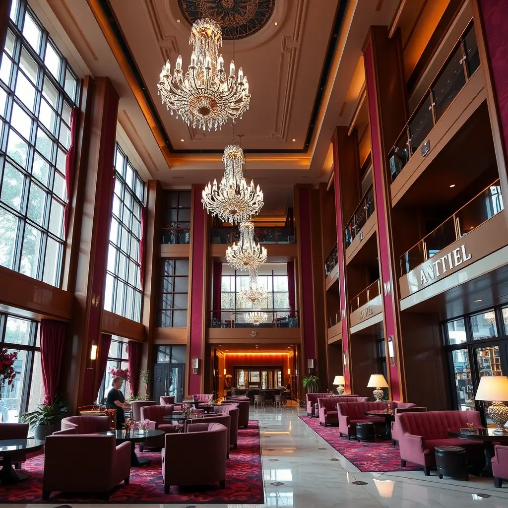 A luxurious hotel lobby with elegant decor, showcasing the sophisticated ambiance of Lermonteno, designed to welcome guests with style and comfort.
