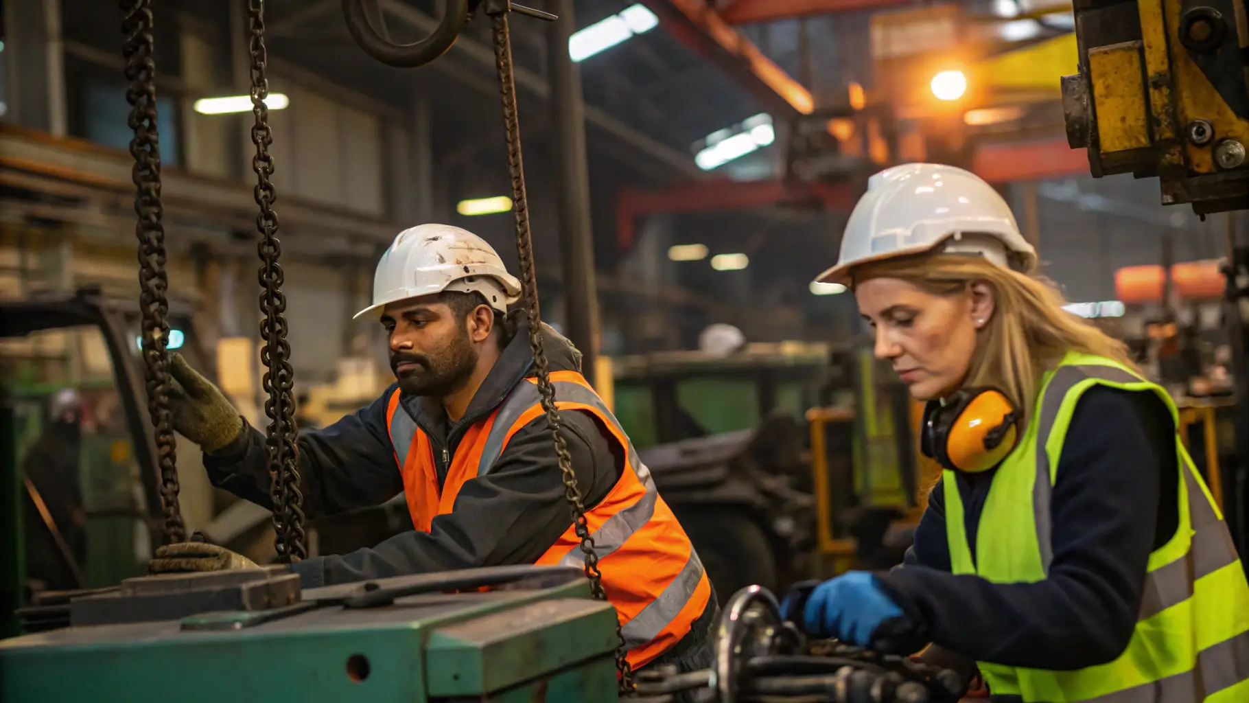 A diverse team of skilled workers in a light industrial setting, collaborating on a project.