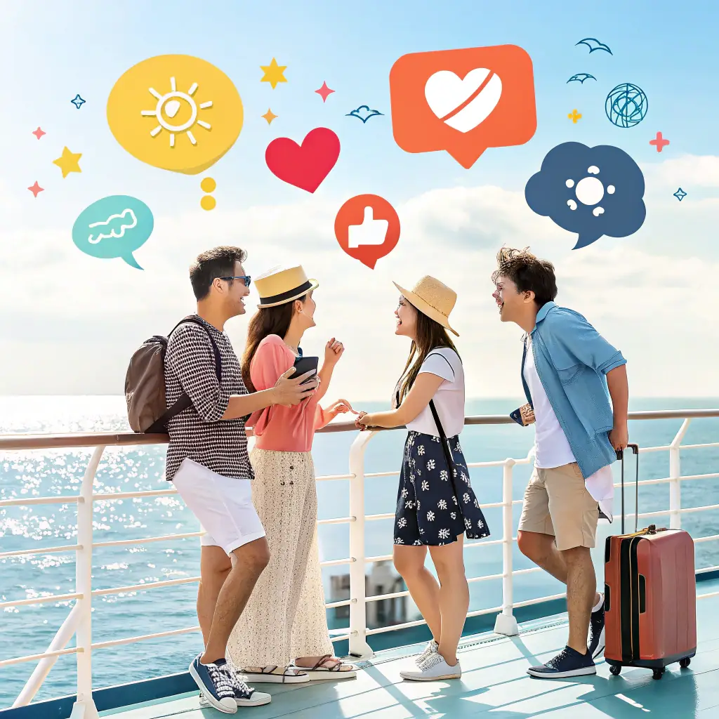 A vibrant, welcoming image of diverse travelers enjoying a luxurious trip, symbolizing personalized travel experiences and AI-driven service excellence.