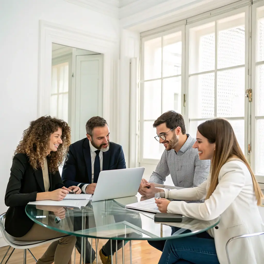 A professional team of branding and M&A experts in a sleek, modern office environment with a white background and teal accents, conveying clarity and credibility.