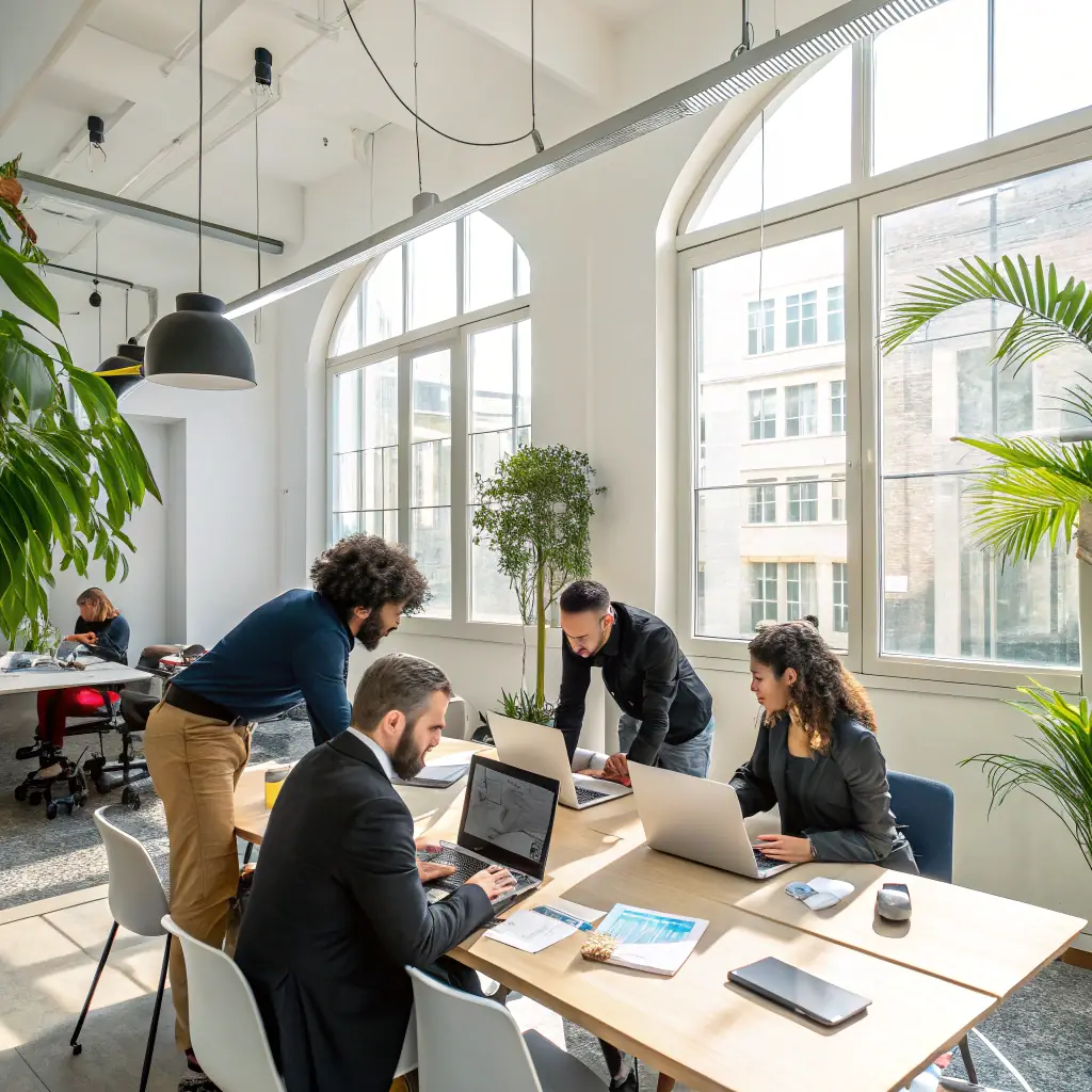 A modern office space with employees collaborating on a project, showcasing Escalate Strategies' commitment to teamwork and innovation.
