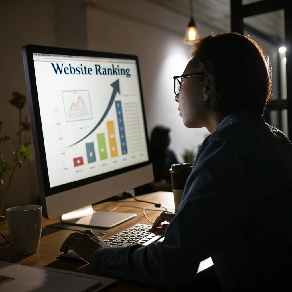 A person analyzing keyword data on a computer screen, surrounded by charts and graphs, in a modern office setting. The scene should convey expertise and data-driven decision-making.