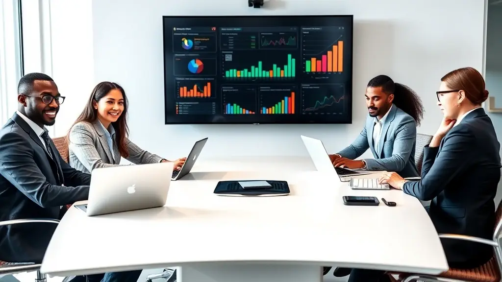 A professional team collaborating over a digital marketplace, symbolizing expertise, strategy, and growth