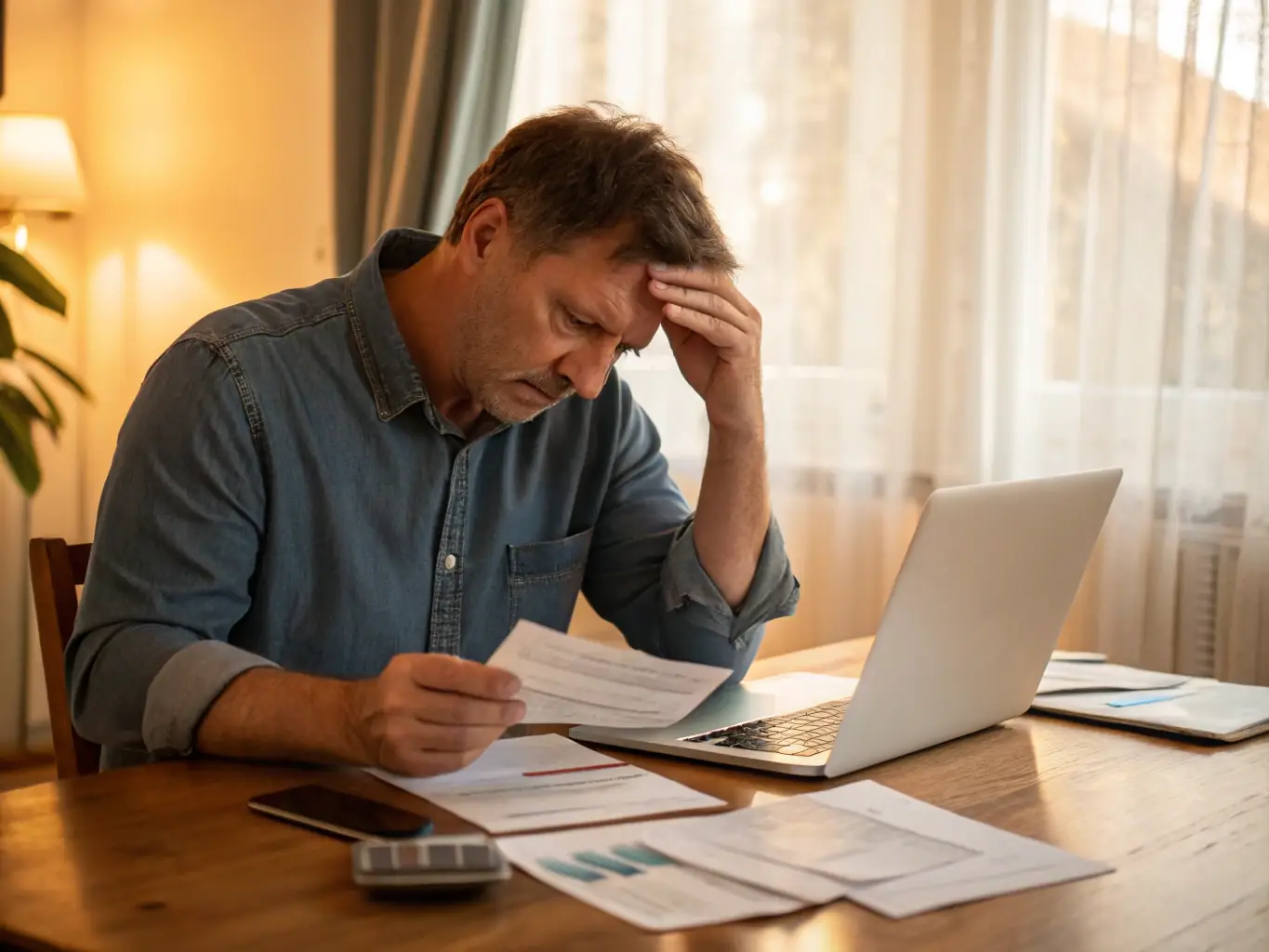 A person looking stressed while reviewing financial documents, symbolizing the need for emergency loans.