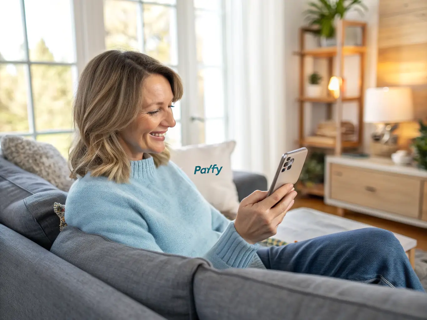 A person smiling while making a payment, illustrating the ease of installment loans.