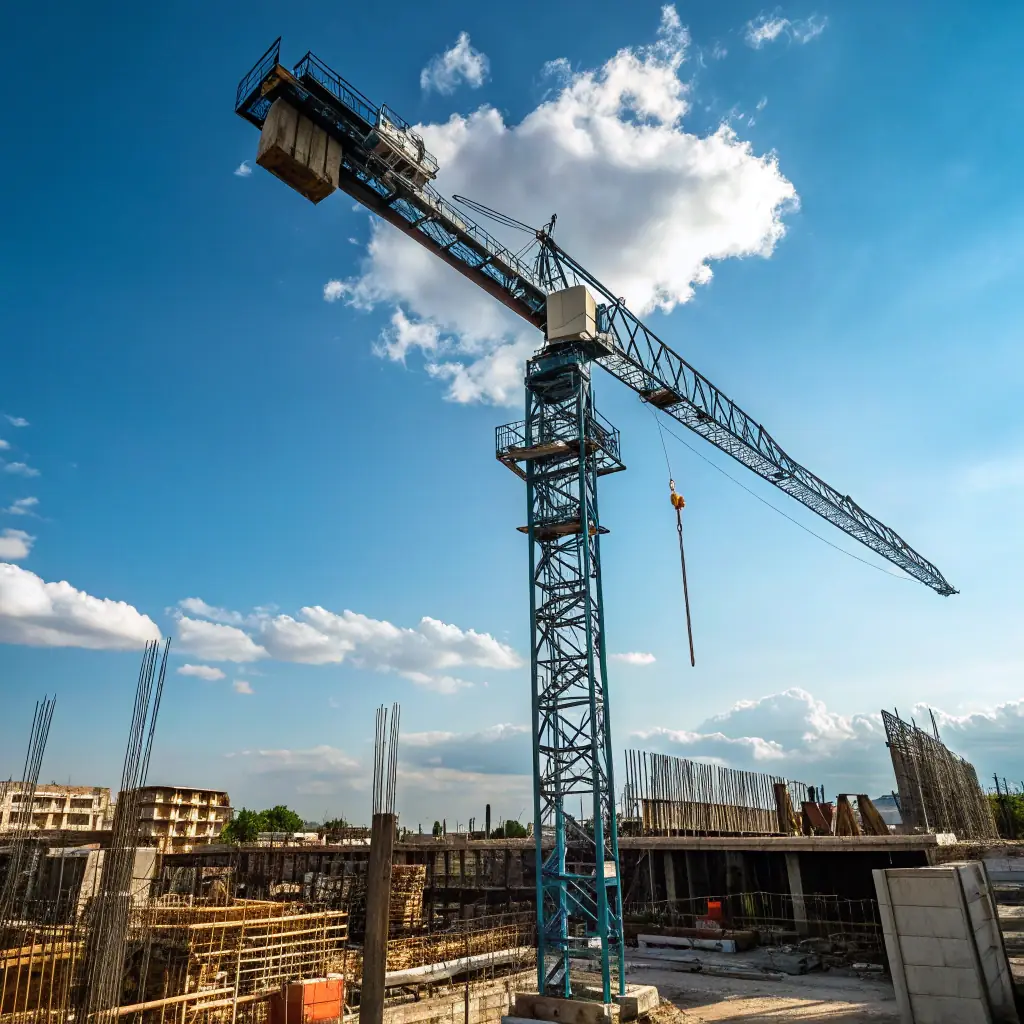 A high-angle shot of a surveillance tower overlooking a construction site, ensuring security and monitoring activity.